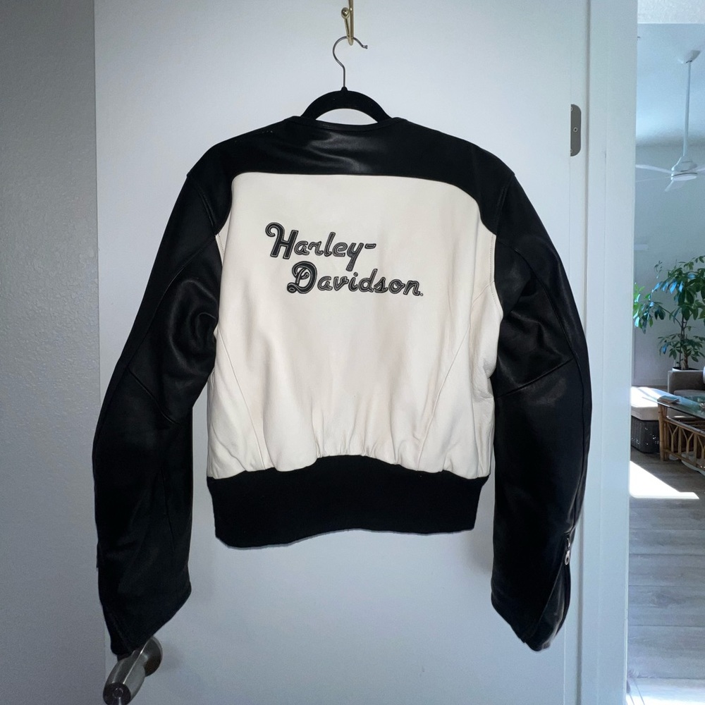 Insane Harley Davidson Cream and Black Vintage Leather Bomber Jacket